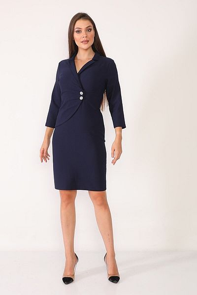 Element's Women's Navy Blue Double Breasted Collar and Button Front Detailed Office Dress
