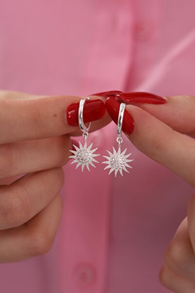 Bilsen Store Gümüş Kaplamalı Beyaz Zirkon Taşlı Güneş Model Küpe