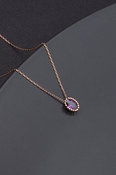 LINTERNA 925 Ayar Gümüş Ametist Taşlı Oval Kolye