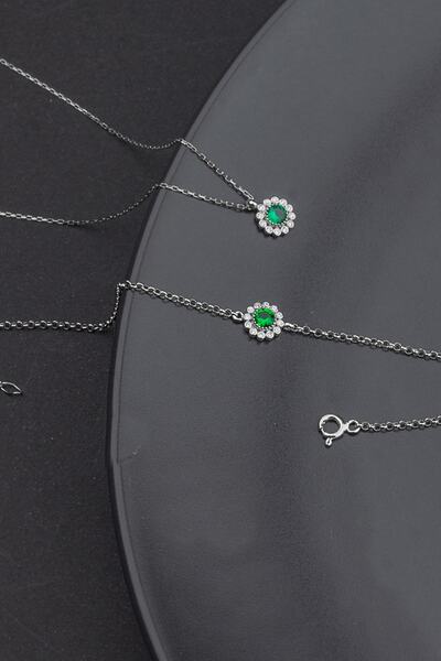 LINTERNA 925 Ayar Gümüş Zümrüt Papatya Model Kolye Ve Bileklik Takı Seti