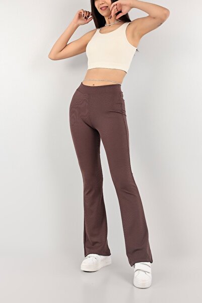 GRİLAND Kadın Kahverengi Ispanyol Paça Fitilli Yüksek Bel Tayt Pantolon