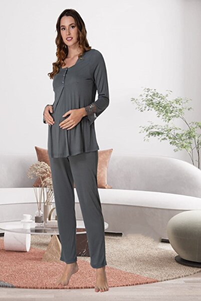 Lohussa Жіночий комплект піжами з довгими рукавами, з мереживом, з бавовни, з функцією годування, для вагітних та жінок після пологів