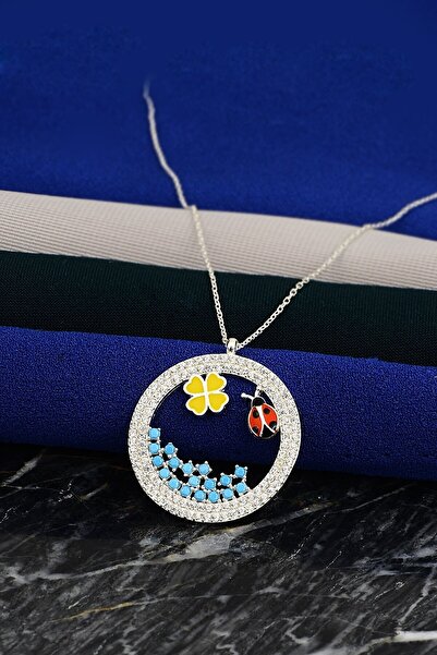 Bilsen Store 925 Ayar Gümüş Zincirli Sarı Mine Firuze Taşlı Yonca Uğur Böceği...