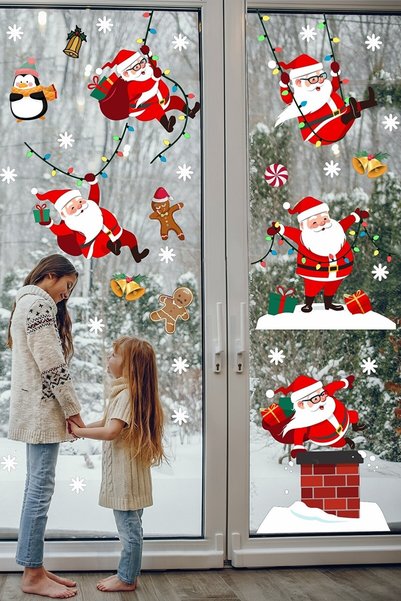 AMORİS Yılbaşı Sticker Sevimli Noel Baba Ve Kar Taneleri Çocuk Bebek Odası Ca...