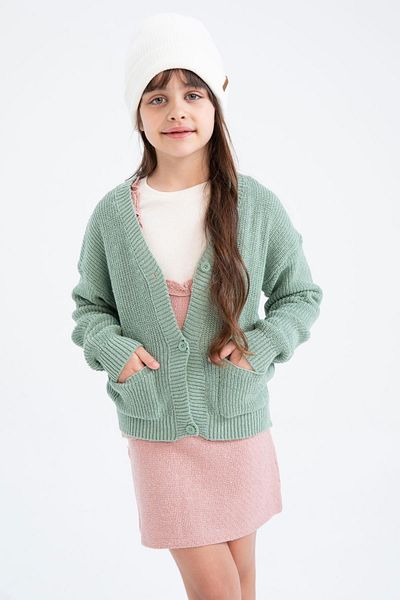 DeFacto Girl's Regular Fit V-Neck Knitwear Cardigan