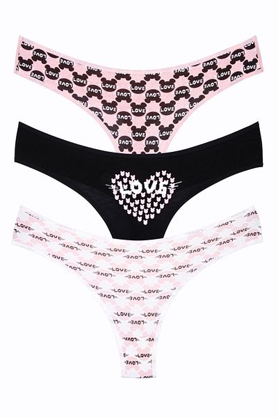 Perita.Life Women's, Love, Cotton, Black-pink, 3-Piece Thong, String
