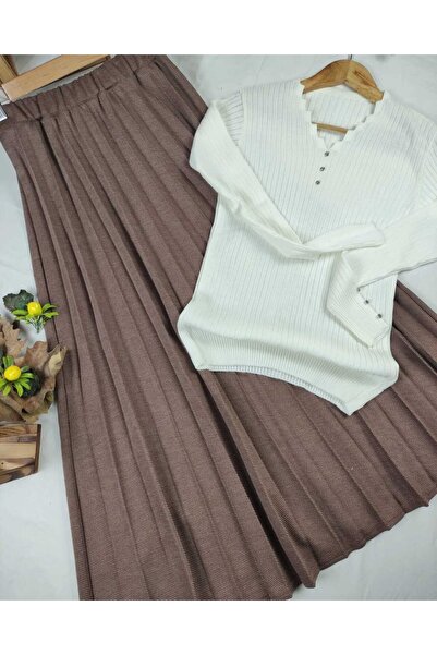 ALMİNA Cotton Diagonal Fabric Pleated Skirt