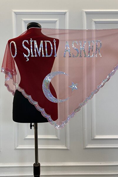 ZEYMERADE O Şimdi Asker Şalı Örtüsü, Kırmızı Kına Omuz Örtüsü Ayyıldız Pullu