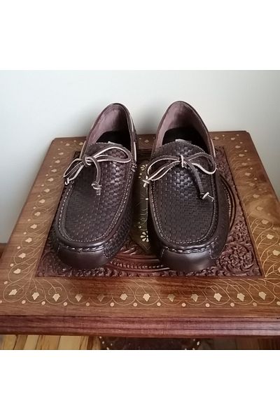 Butik Tülin Genuine Leather Burning Dark Brown Hand Knitted Fur Pad Rubber Sole Loafer