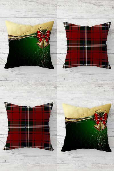 on the clouds New Year's Bell and Plaid Pattern Combination Hidden Zippered Throw Pillow Cover Seat Pillow Cover Set (4pcs)
