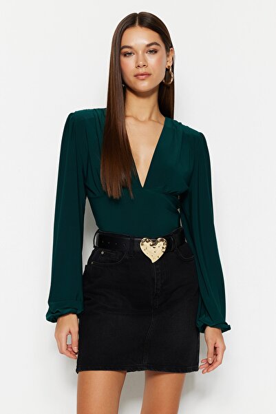 Trendyol Collection Emerald Green Balloon Sleeve V-Neck Fitted/Fitted Stretch Snap Knitted Body TWOSS23BD00030