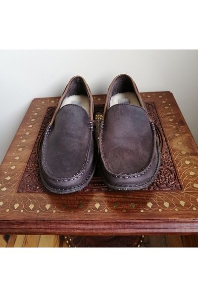 Butik Tülin Unisex Genuine Leather Burnt Brown Brown Hand Stitched Soft Rubber Sole Loafer with Fur Pad