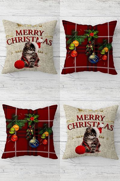on the clouds Christmas Cat Plaid New Year Suit Hidden Zippered Throw Pillow Cover Seat Pillow Cover Set(4pcs)