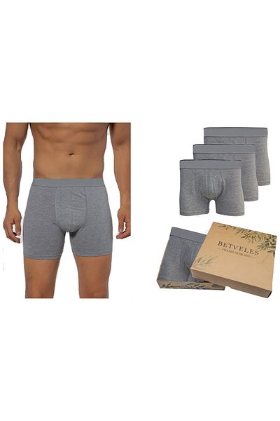 BETVELES 3 Pieces Men's Cotton Gray Combed Boxer Lycra Premium Boxed Set