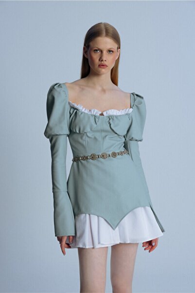 BERFUĞ KIRAN Mavi Ucu Katlı Balon Kollu Deri Kısa Elbise