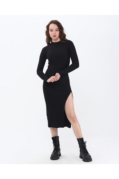 mor butik Rochie neagră cu jumătate de pescar cu mânecă lungă cu fantă pe o parte 110011
