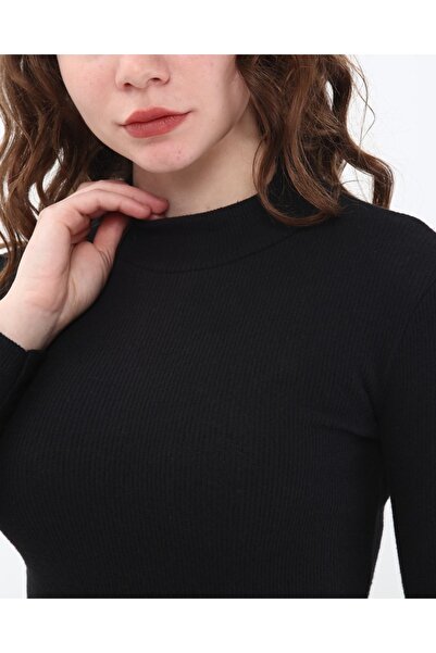 mor butik Siyah Yarım Balıkçı Tek Taraf Yırtmaçlı Uzun Kol Elbise Cyl110011