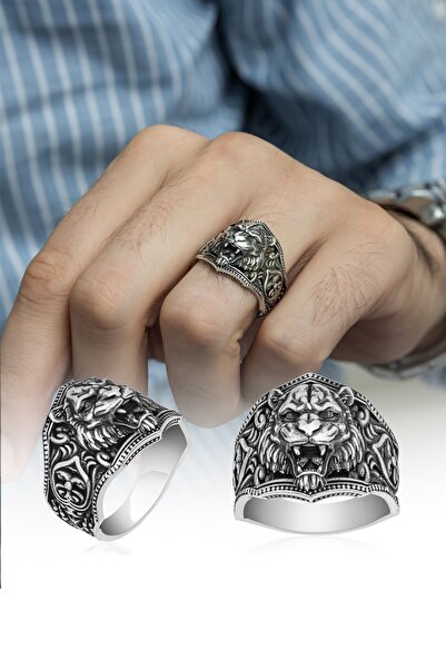 ALYANSEVİM Aslan Başı Motifli Taşsız 925 Gümüş Erkek Yüzük