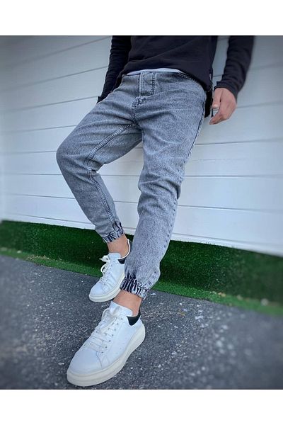 Oliggopol Men's Stony Gray Elasticized Legs, Lycra-free Boyfriend Jogger Jeans
