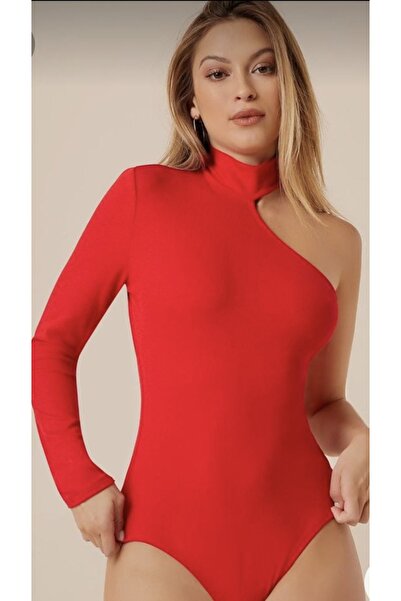 Nsb Tasarım Жіночий червоний боді з одним рукавом і детальним оздобленням