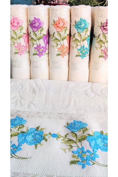 Z&N STYLE 50x90 εκ. Σετ πετσετών πολυτελείας Jacquard Cross Stitch Κεντημένο Προίκα 6 τεμαχίων (ελαφριά κρεμ πετσέτα)