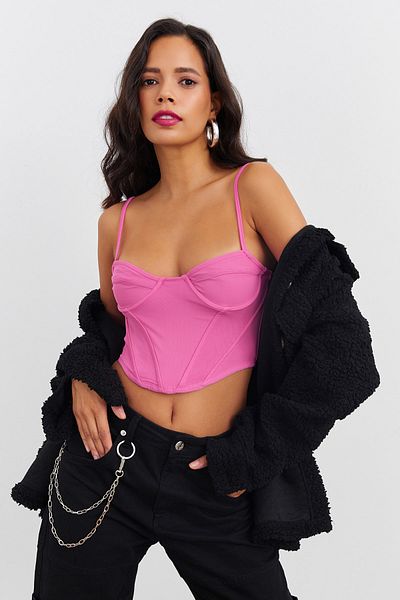 Cool & Sexy Damska różowa krótka bluzka z fiszbinami İZ1281