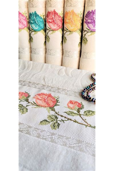 Z&N STYLE 50x90 εκ. Σετ πετσετών πολυτελείας Jacquard Cross Stitch Κεντημένο Προίκα 6 τεμαχίων (ελαφριά κρεμ πετσέτα)