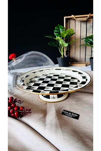 CASA DE BELLA Enamel Footed Checkerboard Patterned Cake Jar