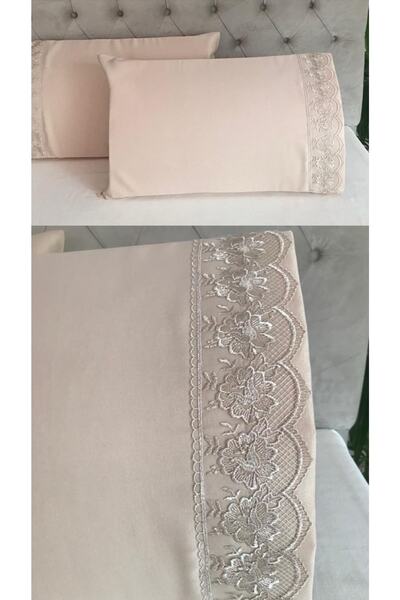 Çeyiz Bahçesi Față de pernă Cappuccino cu dantelă franceză Lily 2 buc 50x70
