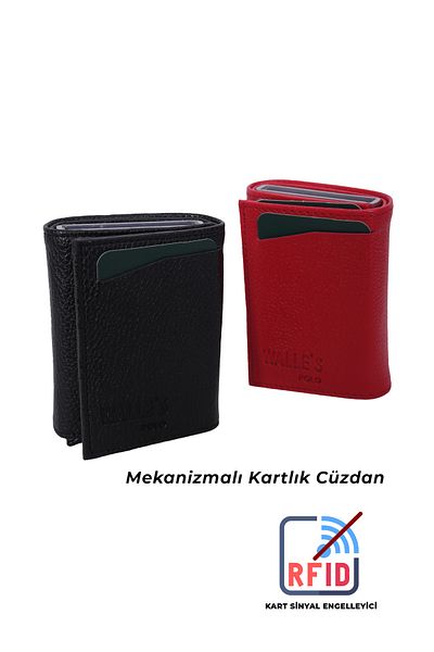 Walle's Polo Men's-Women's 2-Piece Black-Red Set Automatic Mechanism Paper Money Compartment Leather Wallet-Card Holder