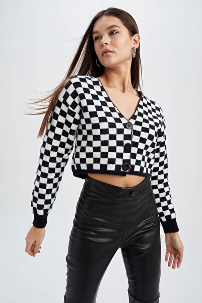 DeFacto Menő V-nyakú sakktábla-mintás terméskötött kardigán