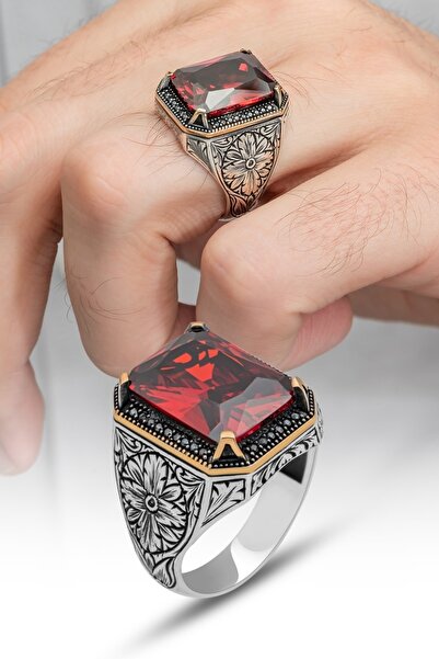 ALYANSEVİM Kırmızı Taşlı Oyma Motifli 925 Gümüş Erkek Yüzük