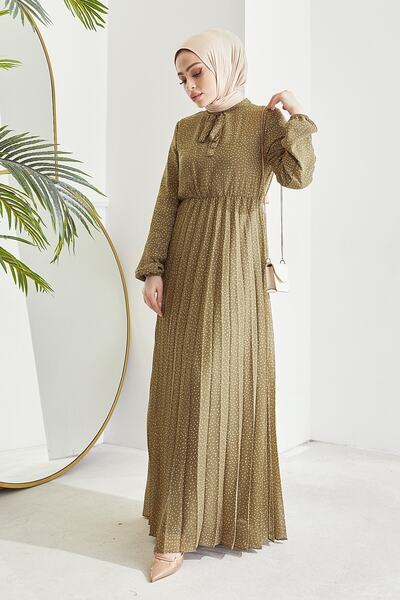 InStyle Ramona Çıtır Desen Piliseli Şifon Tesettür Elbise - Haki