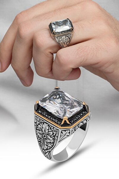 ALYANSEVİM Beyaz Zirkon Taşlı Oyma Motifli 925 Gümüş Erkek Yüzük