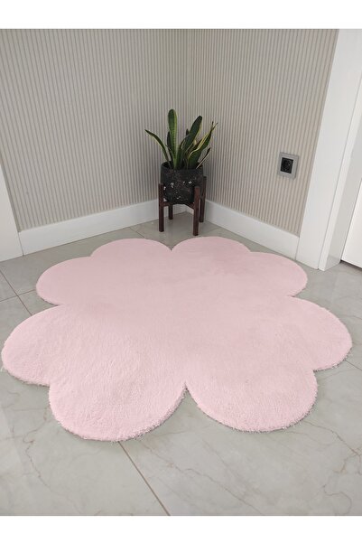 Lagom Life Pembe Yonca Peluş Halı Dekoratif Lazer Kesim Peluş Halı Oda Halısı