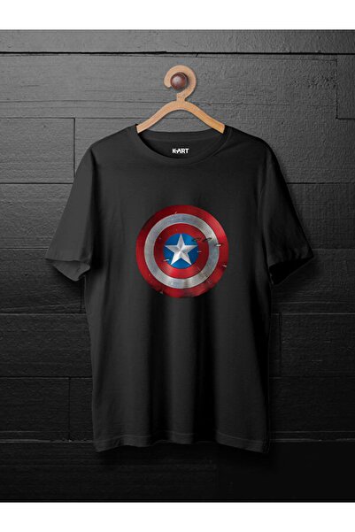 Genel Markalar K-art Kaptan Amerika Tasarımlı Siyah Unisex T-shirt