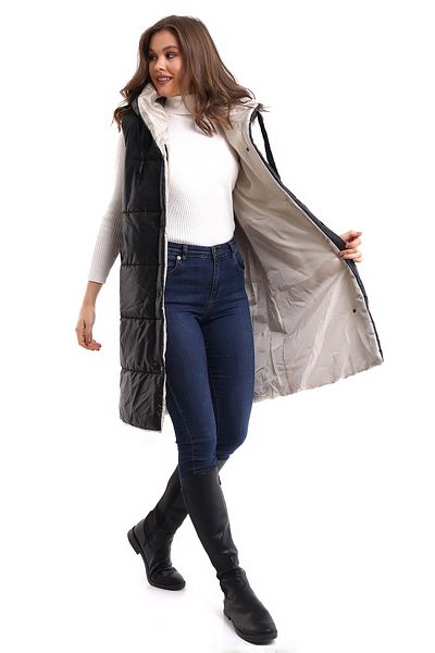 winmoda Дамски дълъг елек с качулка и вътрешен джоб с подплата