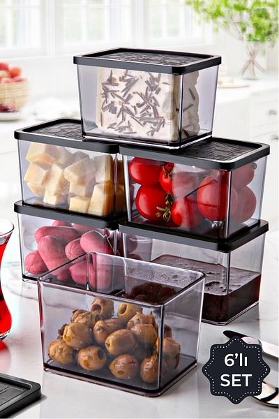 Vienev Multi Set of 6 Breakfast Treats Storage Container Large Size Black