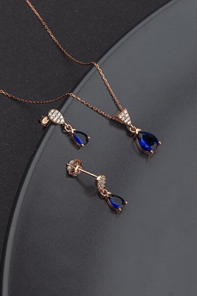 LINTERNA 925 Ayar Gümüş Safir Taşlı Damla Kolye Küpe Set
