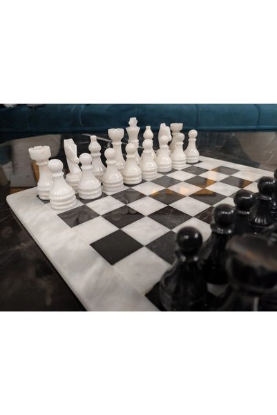 Marbly Premium Handcrafted Marble Chess Set with Velvet Gift Box (BLACK AND WHITE, 40*40CM)
