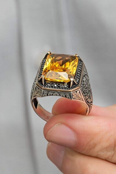 ALYANSEVİM Sarı Sitrin Taşlı Oyma Motifli 925 Gümüş Erkek Yüzük