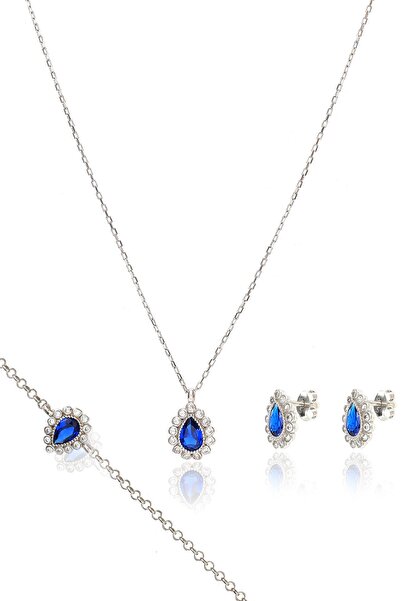 LINTERNA 925 Ayar Gümüş Pırlanta Model Safir Taşlı Damla Kolye Küpe Bileklik ...