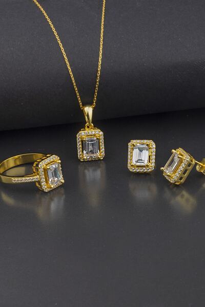 LINTERNA 925 Ayar Gümüş Baget Tasarım Tek Taş Takı Seti