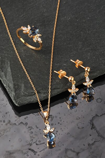LINTERNA 925 Ayar Gümüş Damla Safir Model Lotus Takı Seti