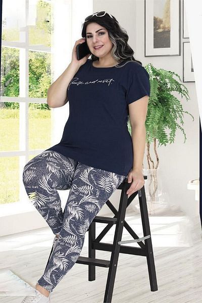 Hayal Sepeti Women's Navy Blue Hayal Teknur Plus Size Combed Cotton Pajama Set
