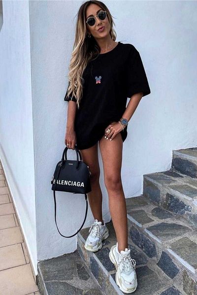MODAGEN Mickey Mouse Printed Black Oversize Women's T-Shirt