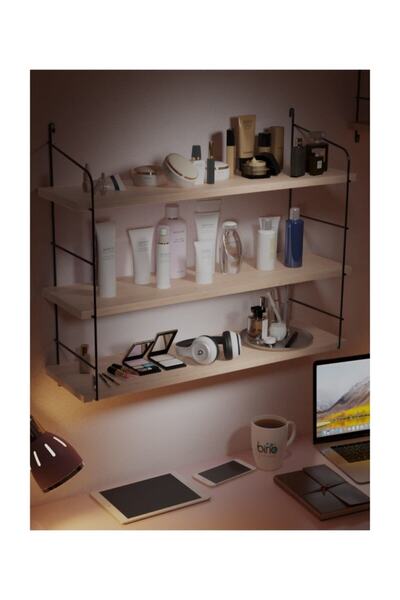 Bino Masif Doğal Ahşap Büyük Boy 3 Katlı Duvar Rafı, Kitaplık, Terek