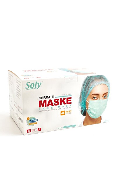 SOLY CARE 3 Katlı Tekli Kağıt Ambalajlı Meltblown Telli Cerrahi Yeşil Maske 5...
