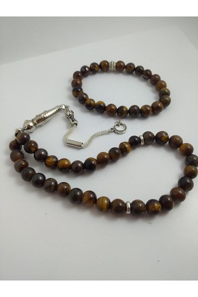 BalıkHediyelik Tiger Eye Stone Rosary and Bracelet Set