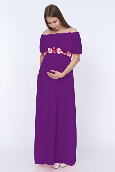 MODA LABİO Kadın Mor Şifon Düşük Omuz Hamile Elbisesi